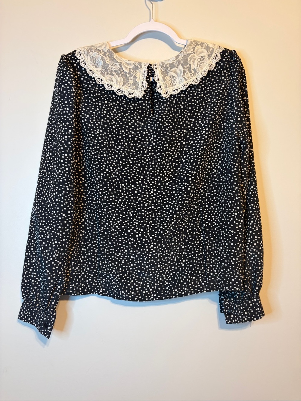 Black Polka Dot Long-Sleeve Blouse with Lace Collar - Picture 2 of 5